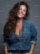 Confident Smiling Woman in Denim Jacket with Bright Expression