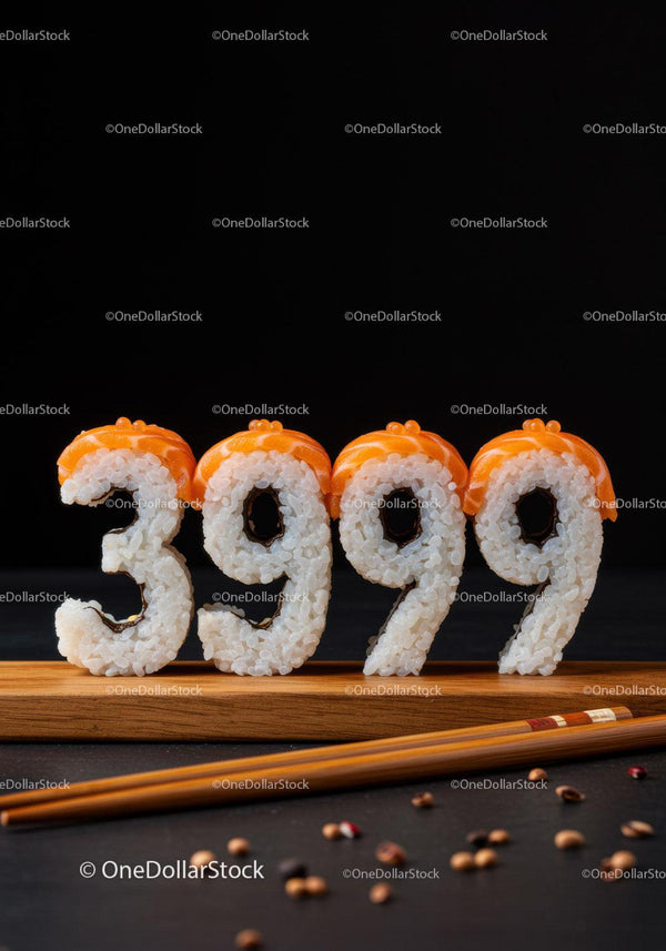 Creative sushi shaped like numbers on wooden board