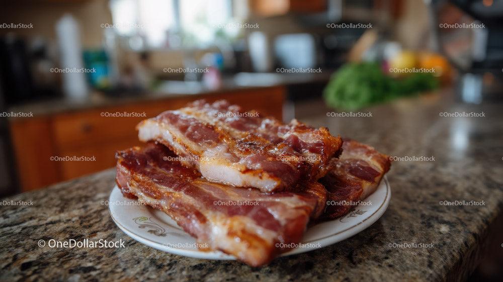 Stack of Crispy Bacon Slices on a Plate in a Kitchen Setting