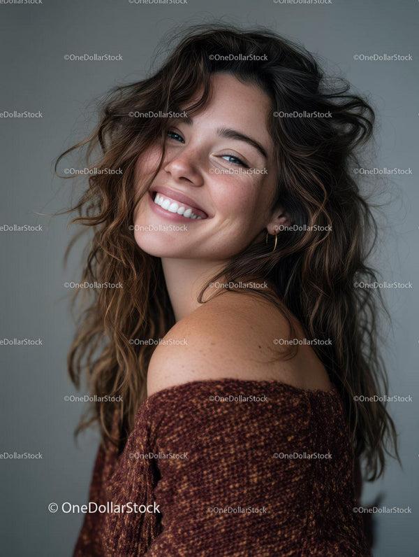 Portrait of a Smiling Woman with Curly Hair Wearing a Cozy Sweater