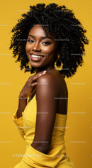 Elegant African American Woman with Curly Hair in Yellow Dress