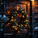 Cozy Christmas wreath glowing on rustic wooden door