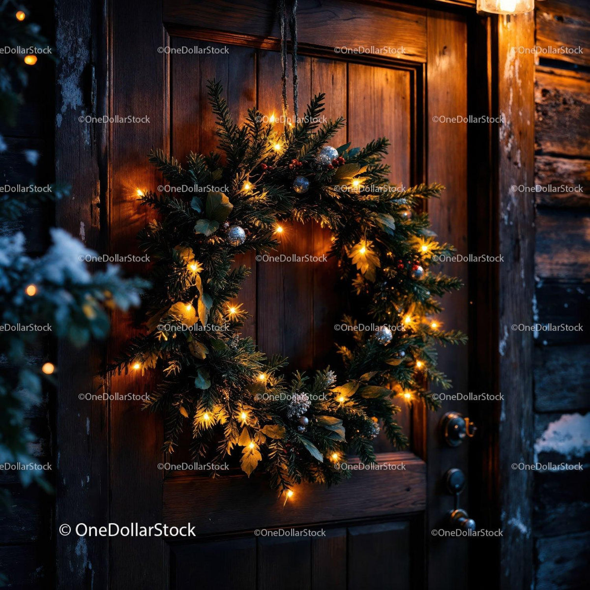 Cozy Christmas wreath glowing on rustic wooden door