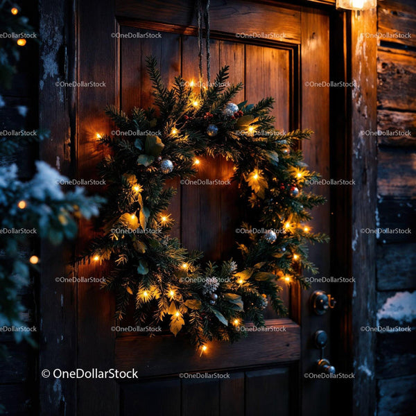 Cozy Christmas wreath glowing on rustic wooden door