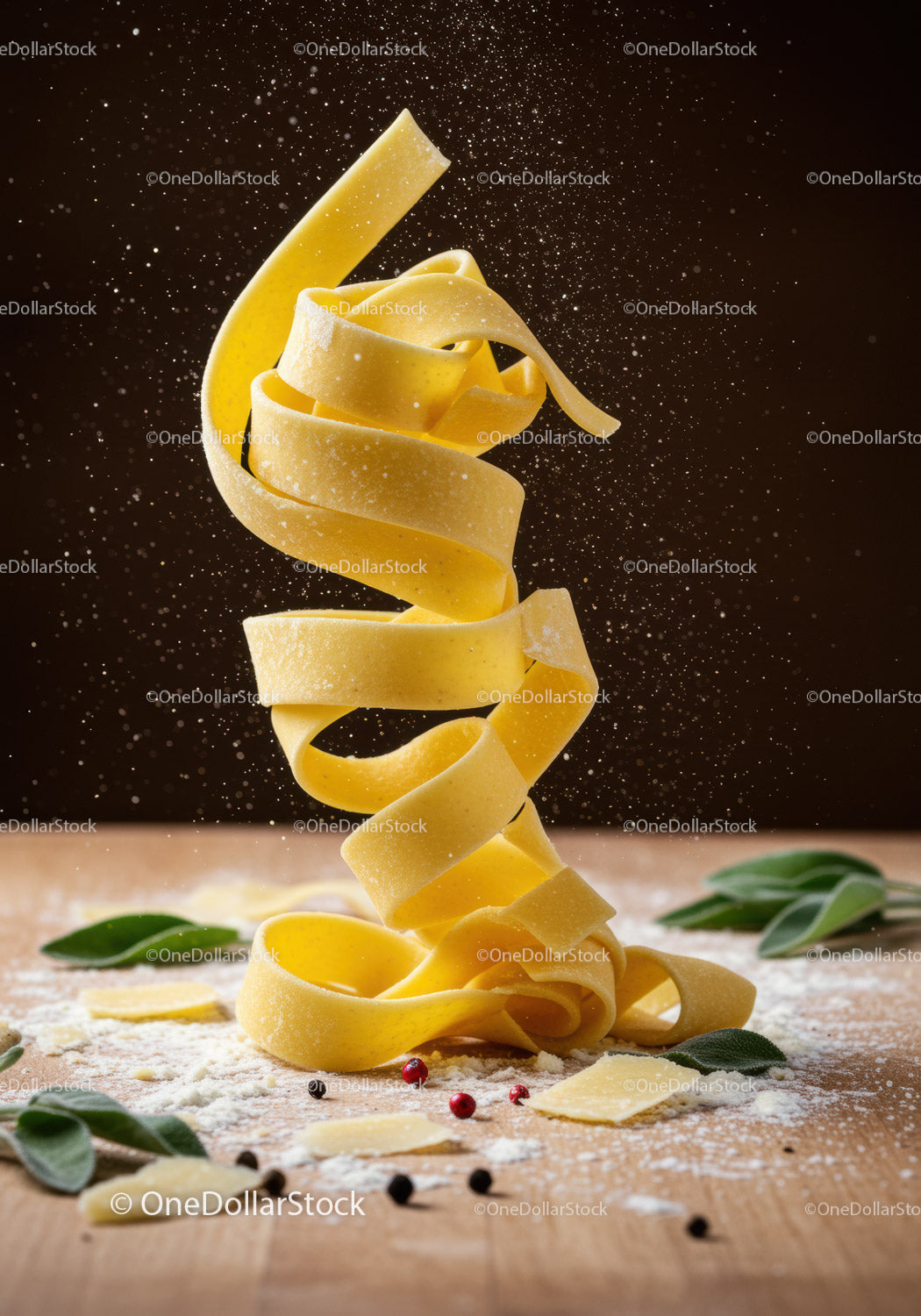 Fresh pasta ribbons with flour and spices on wooden board