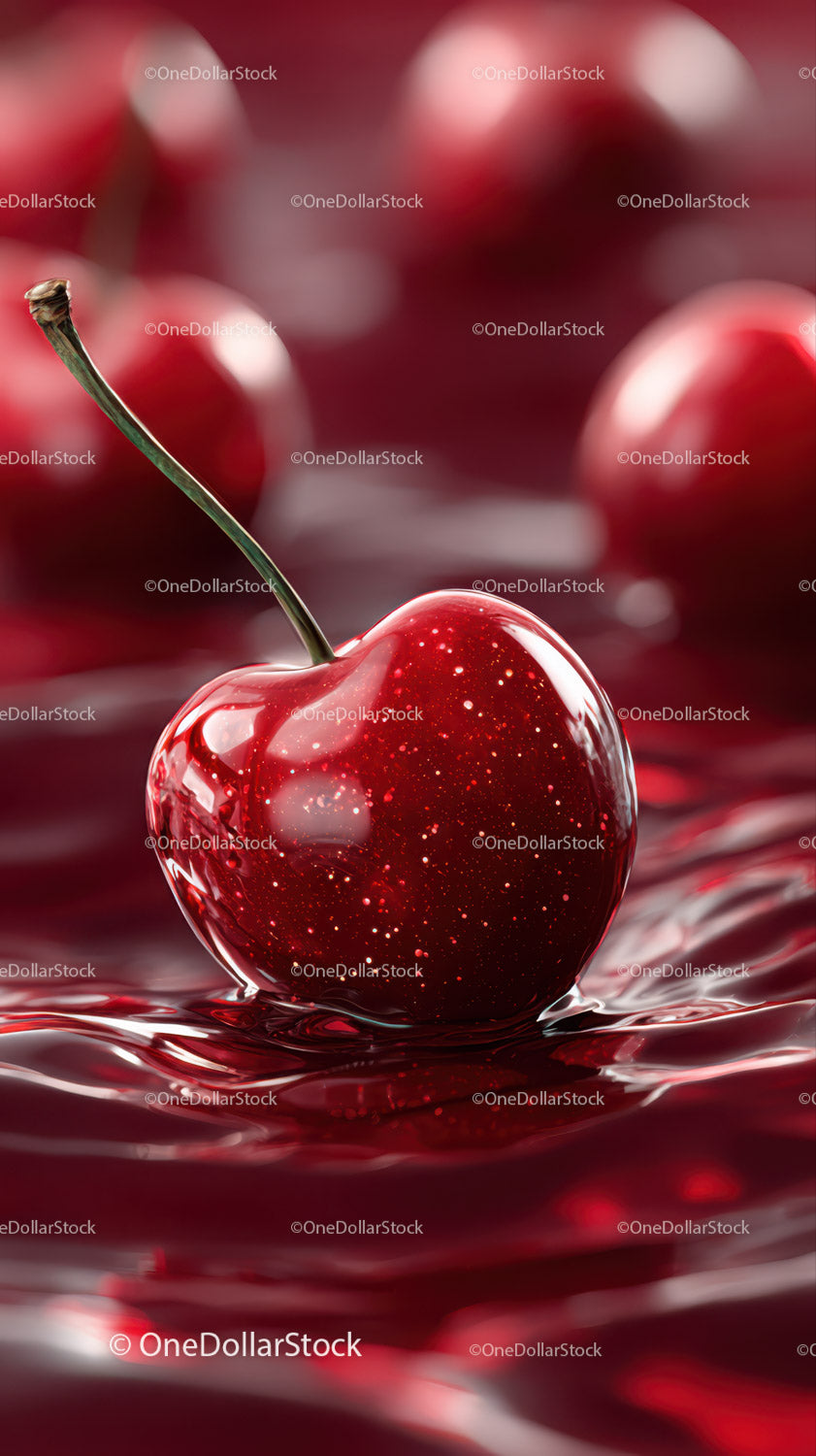Close-up of Juicy Red Cherry with Water Droplets on a Vibrant Background