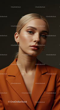 Elegant Woman in Orange Suit with Stylish Makeup and Confident Expression