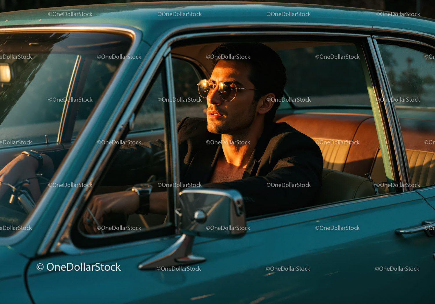 Stylish Young Man Driving Vintage Blue Car in Sunset Light
