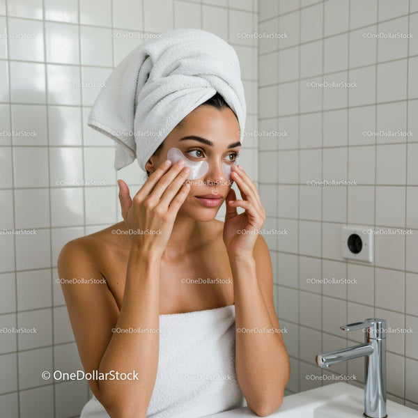 Woman applying under eye patches in white bathroom