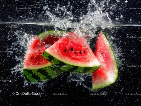 Juicy Watermelon Slices Splashing into Water Creating Refreshing Scene