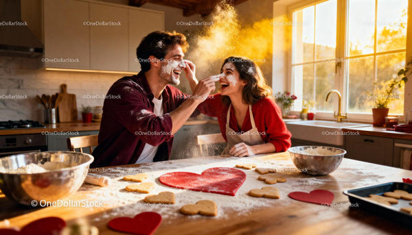 Couple Playfully Baking Heart-Shaped Cookies Together
