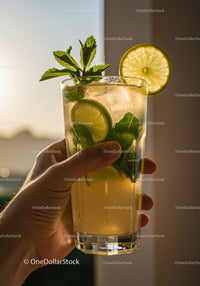 Refreshing Lime and Mint Drink in Glass at Sunset