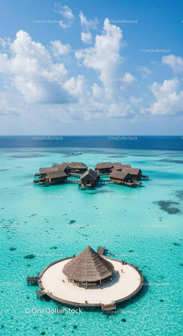 Overwater Bungalows on Turquoise Lagoon with White Sandy Beach