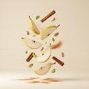 Floating pear slices with cinnamon and pistachios in air