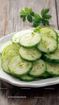 Fresh Sliced Cucumbers on White Plate in Rustic Setting