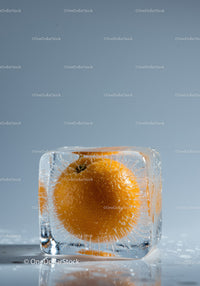 Fresh orange frozen inside clear ice cube