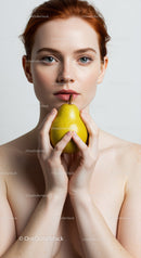 Fresh Redhead Woman Holding Pear in Bright Studio Shot