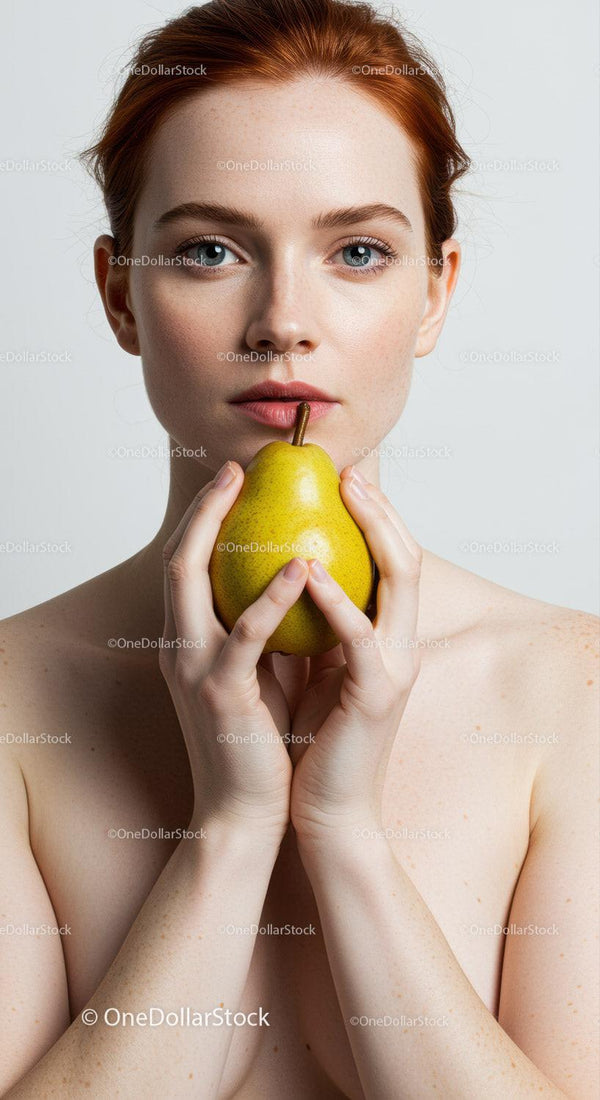 Fresh Redhead Woman Holding Pear in Bright Studio Shot