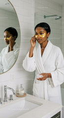 Young Woman Applying Under Eye Patches for Skincare Routine in Modern Bathroom