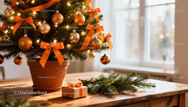 Festive Christmas Tree with Orange Decorations on Wooden Table