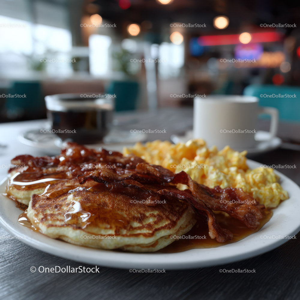 Stack of Fluffy Pancakes with Bacon and Syrup in Cozy Breakfast Setting
