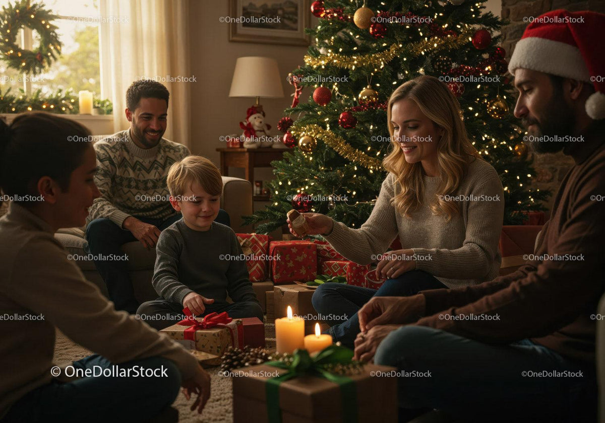 Family gathering around Christmas tree with gifts and candles