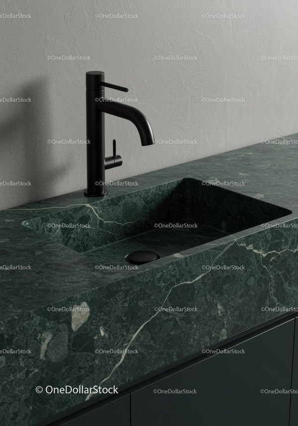 Modern Black Kitchen Sink Faucet on Green Marble Countertop Design