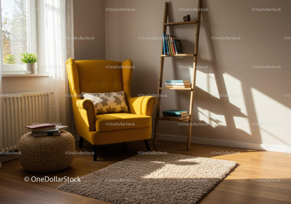 Cozy reading nook with yellow armchair and natural light
