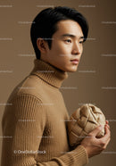 Elegant Young Man in Wool Turtleneck Holding Luxury Bag on Neutral Background