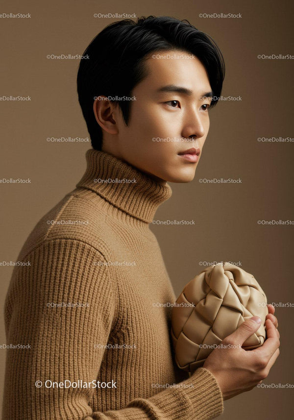 Elegant Young Man in Wool Turtleneck Holding Luxury Bag on Neutral Background
