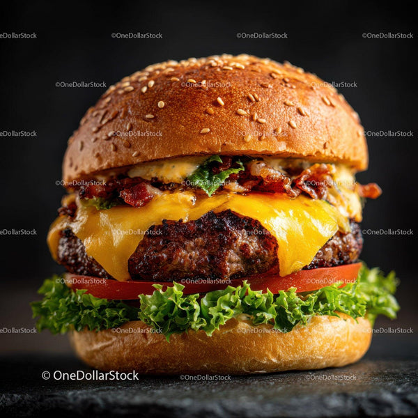 Gourmet Cheeseburger with Fresh Vegetables and Melted Cheese Stock Photo Bundle (32 JPG Files)