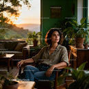 Calm woman enjoying sunset in cozy green living room