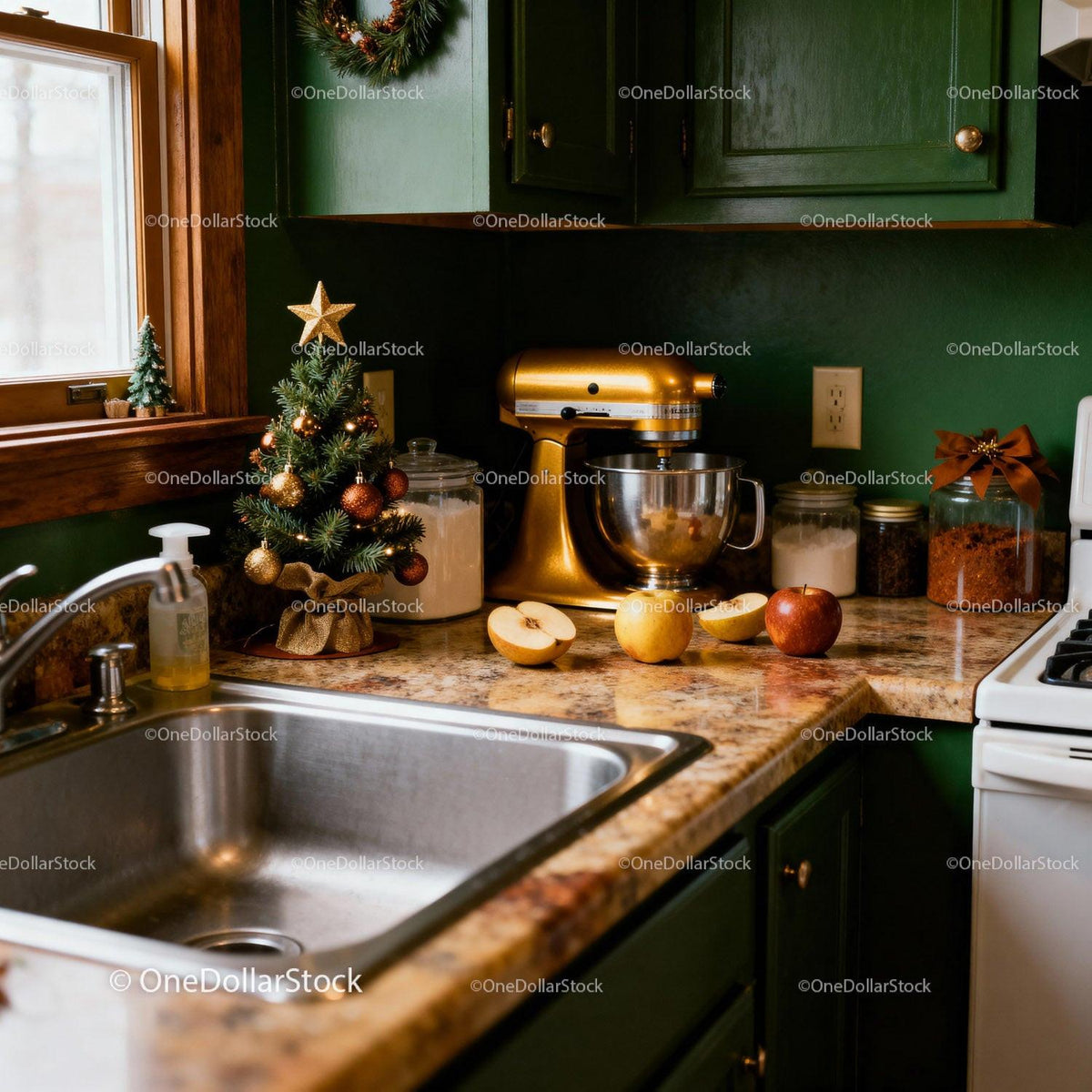 Festive Kitchen Counter with Golden Mixer and Mini Tree