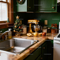 Festive Kitchen Counter with Golden Mixer and Mini Tree