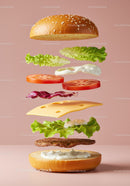 Fresh Ingredients Floating in Classic Cheeseburger Assembly