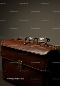 Elegant Leather Briefcase with Glasses on a Dark Background