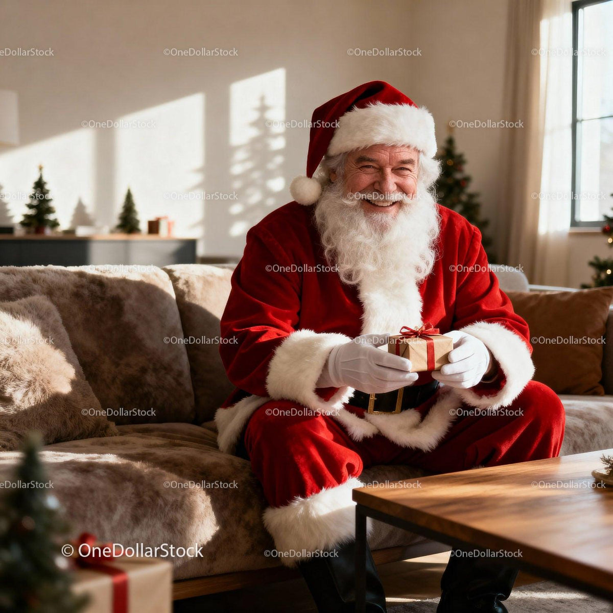 Smiling Santa Claus Holding Gift in Cozy Living Room
