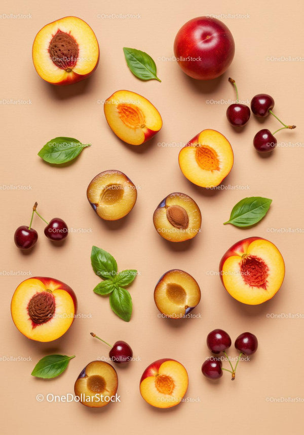 Fresh summer fruits with green basil leaves on beige background
