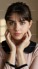 Elegant Young Woman with Green Eyes in a Modern Indoor Setting