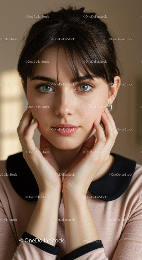 Elegant Young Woman with Green Eyes in a Modern Indoor Setting
