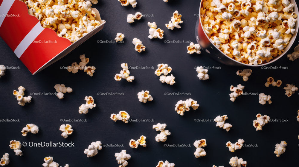 Popcorn scattered on black surface in snack scene