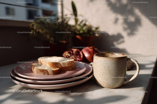 Cozy Breakfast Table with Mug Bread and Pomegranate in Natural Light