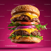 Gourmet Stack of Juicy Beef Hamburgers with Melted Cheese and Fresh Vegetables