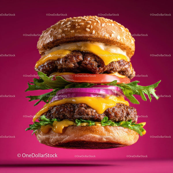 Gourmet Stack of Juicy Beef Hamburgers with Melted Cheese and Fresh Vegetables