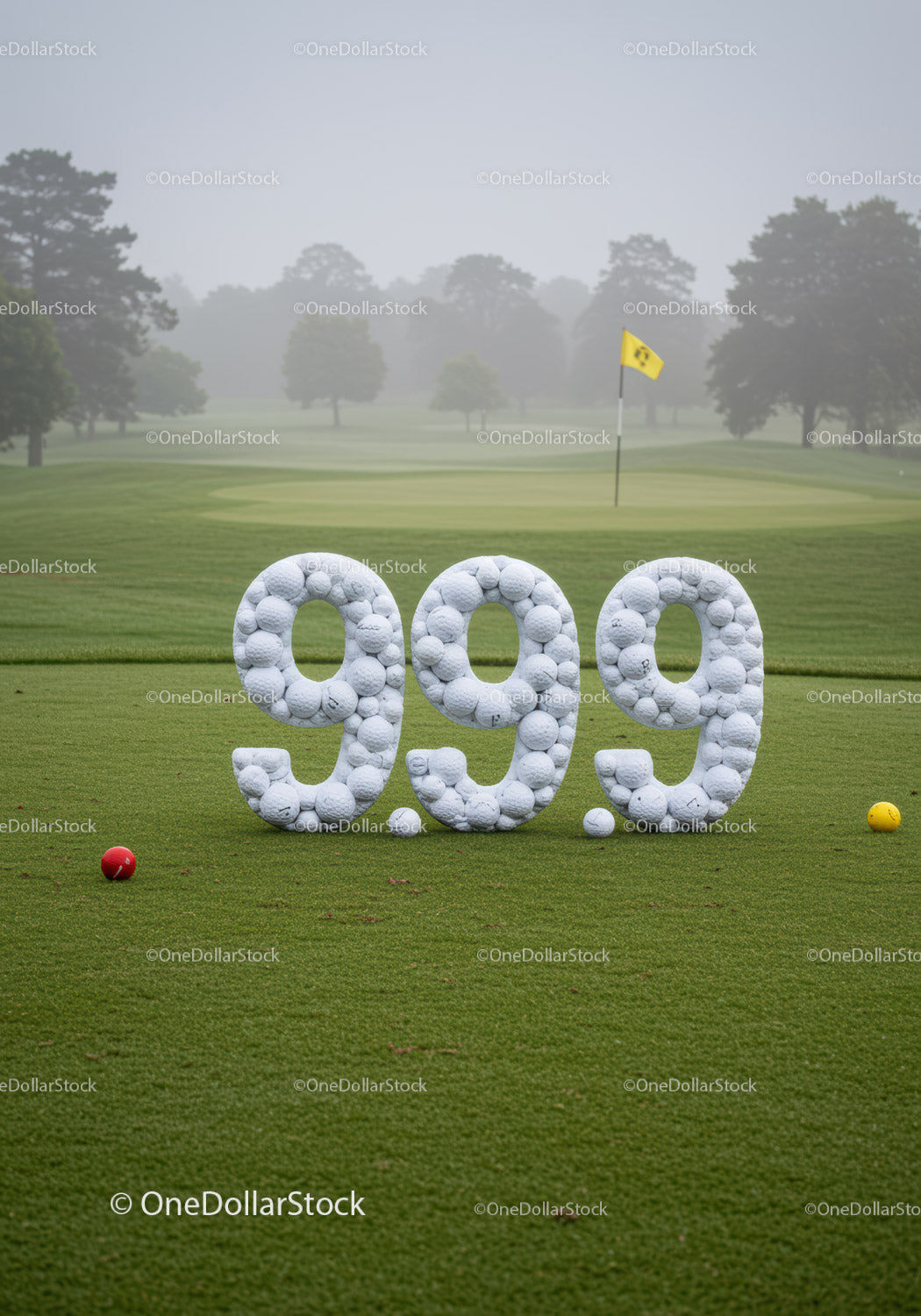 Wynik gry w golfa 9,99 wyświetlany na piłeczkach golfowych na polu