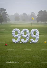 Golf score 9.99 displayed with golf balls on course