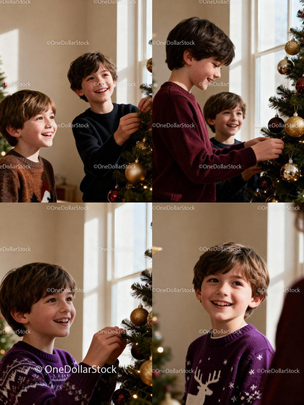 Happy Brothers Decorating Christmas Tree Together