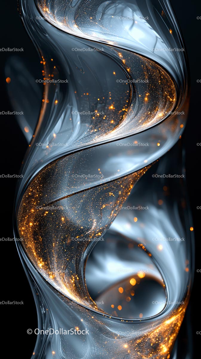 Elegant Metallic Swirl with Glowing Gold Particles in Abstract Design