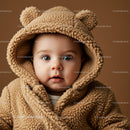 Adorable baby in cozy teddy bear hoodie