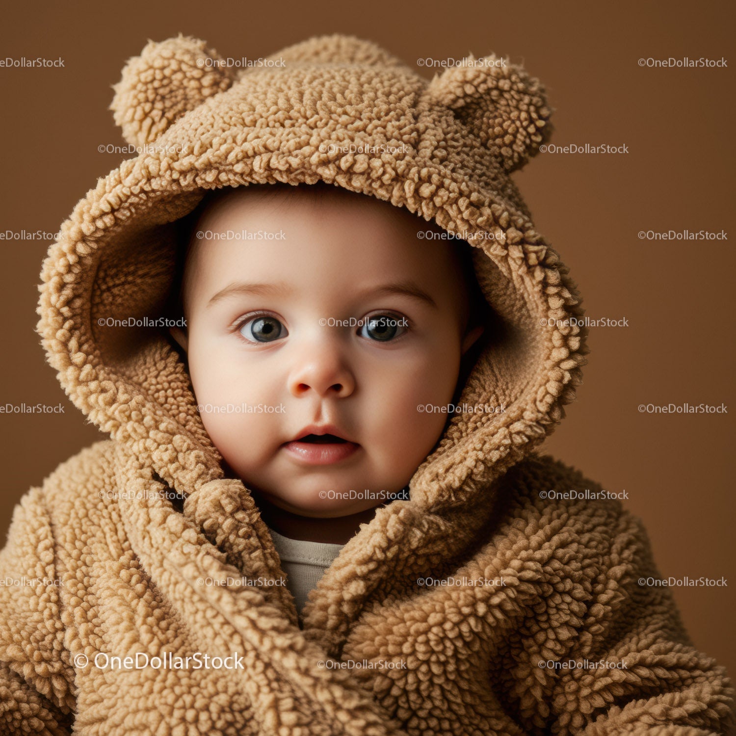 Adorable baby in cozy teddy bear hoodie